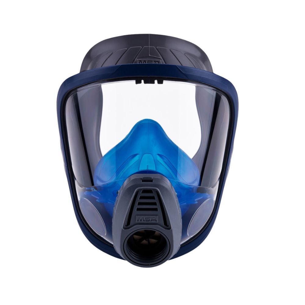 MSA Advantage® 3200 double port full-facepiece respirator with blue inner mask and wide clear lens for maximum visibility and protection.