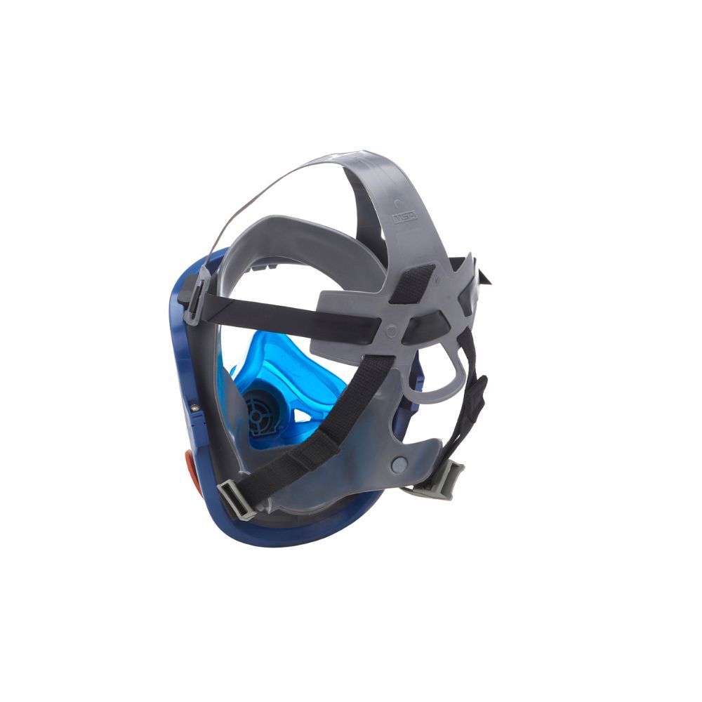 Rear view of MSA Advantage® 3200 full-facepiece respirator showing adjustable head harness, blue inner mask, and secure strap system for comfort and stability.