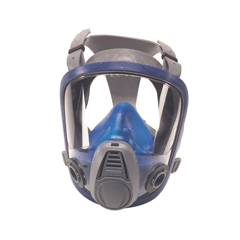 Front view of MSA Advantage® 3200 full-facepiece respirator with wide clear lens, blue inner mask, and dual side ports for attaching filters or cartridges.
