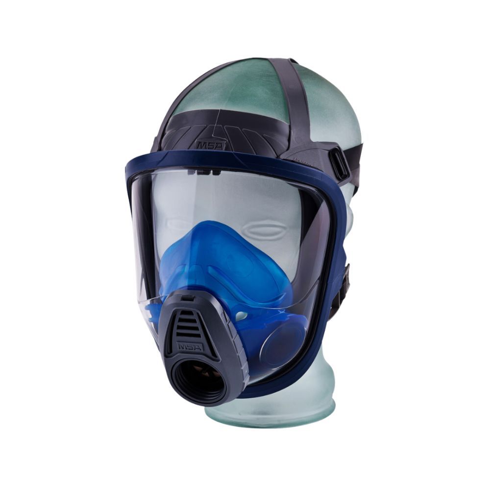 MSA Advantage® 3200 full-facepiece respirator with blue inner mask, wide clear lens, and double port connection shown on a display headform.