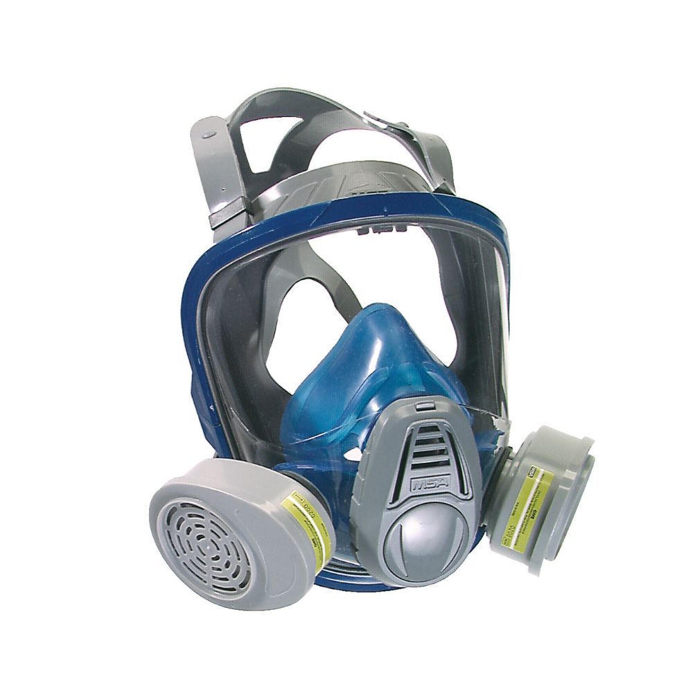 MSA Advantage® 3200 full-facepiece respirator with clear lens, blue inner mask, and dual chemical filter cartridges attached for industrial protection.