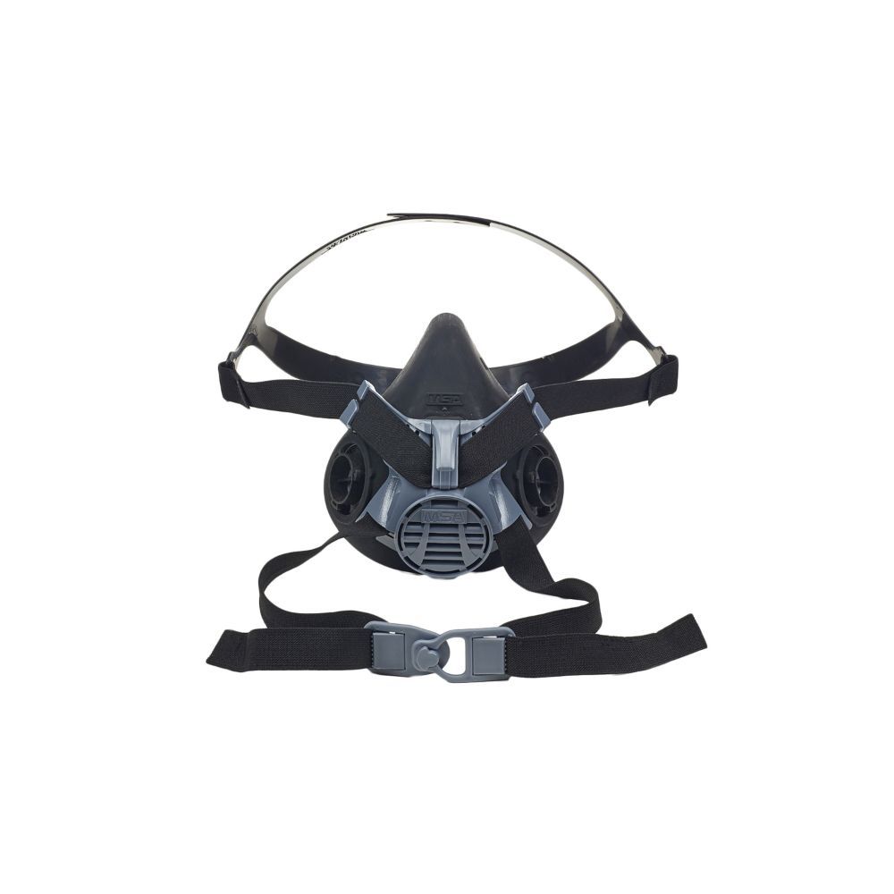 Front view of MSA Advantage 420 half-mask respirator in black, showing dual cartridge ports, exhalation valve, and adjustable head straps for secure respiratory protection.