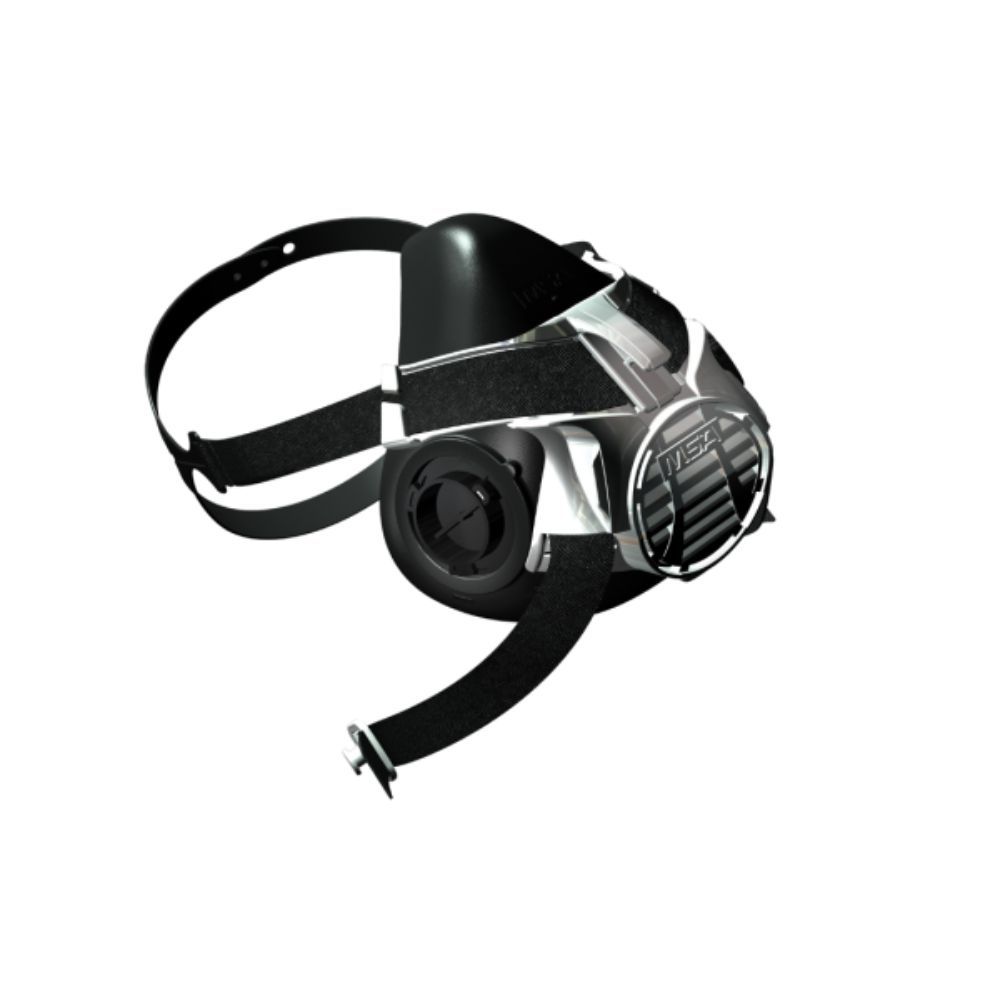 MSA Advantage 420 half-mask respirator in black with dual cartridge connections and adjustable head straps for industrial respiratory protection.