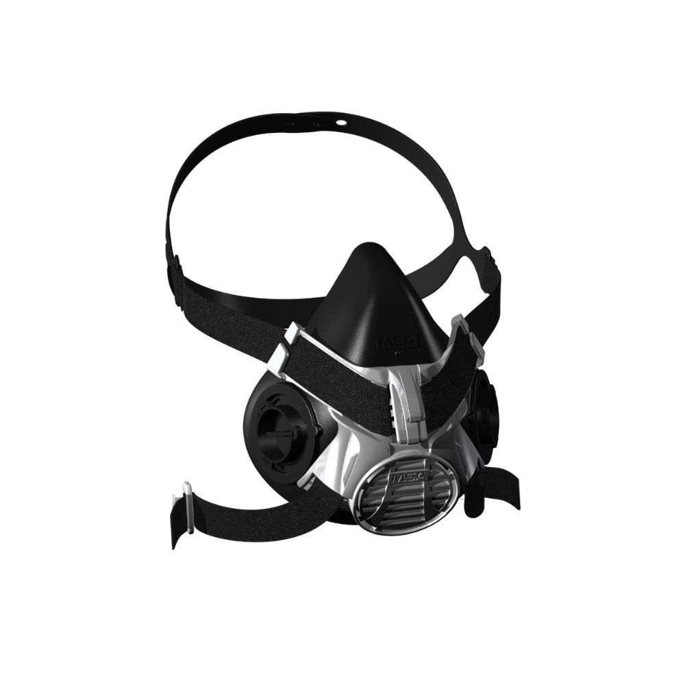MSA Advantage 420 half-mask respirator in black, featuring dual cartridge ports, adjustable head straps, and a low-profile design for comfortable industrial respiratory protection.