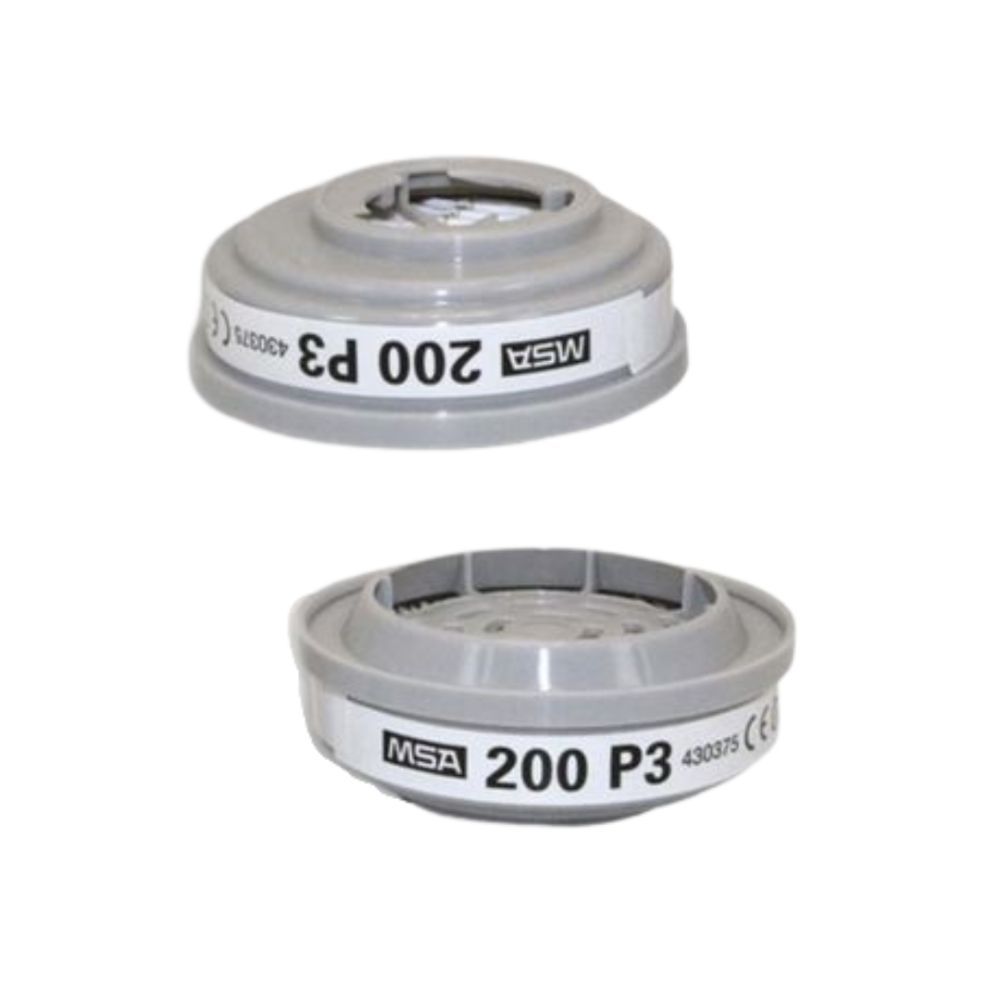 MSA Advantage® Bayonet Twin 200, P3 particle filter cartridges, pack of 2, for respiratory protection against harmful particulates including dust, fumes, and mists.