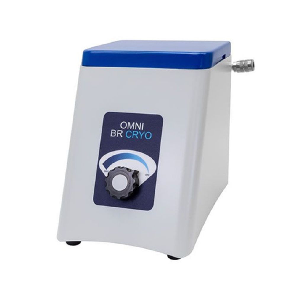 Omni BR Cryo cooling unit with a blue lid, designed for sample temperature control during homogenization processes.