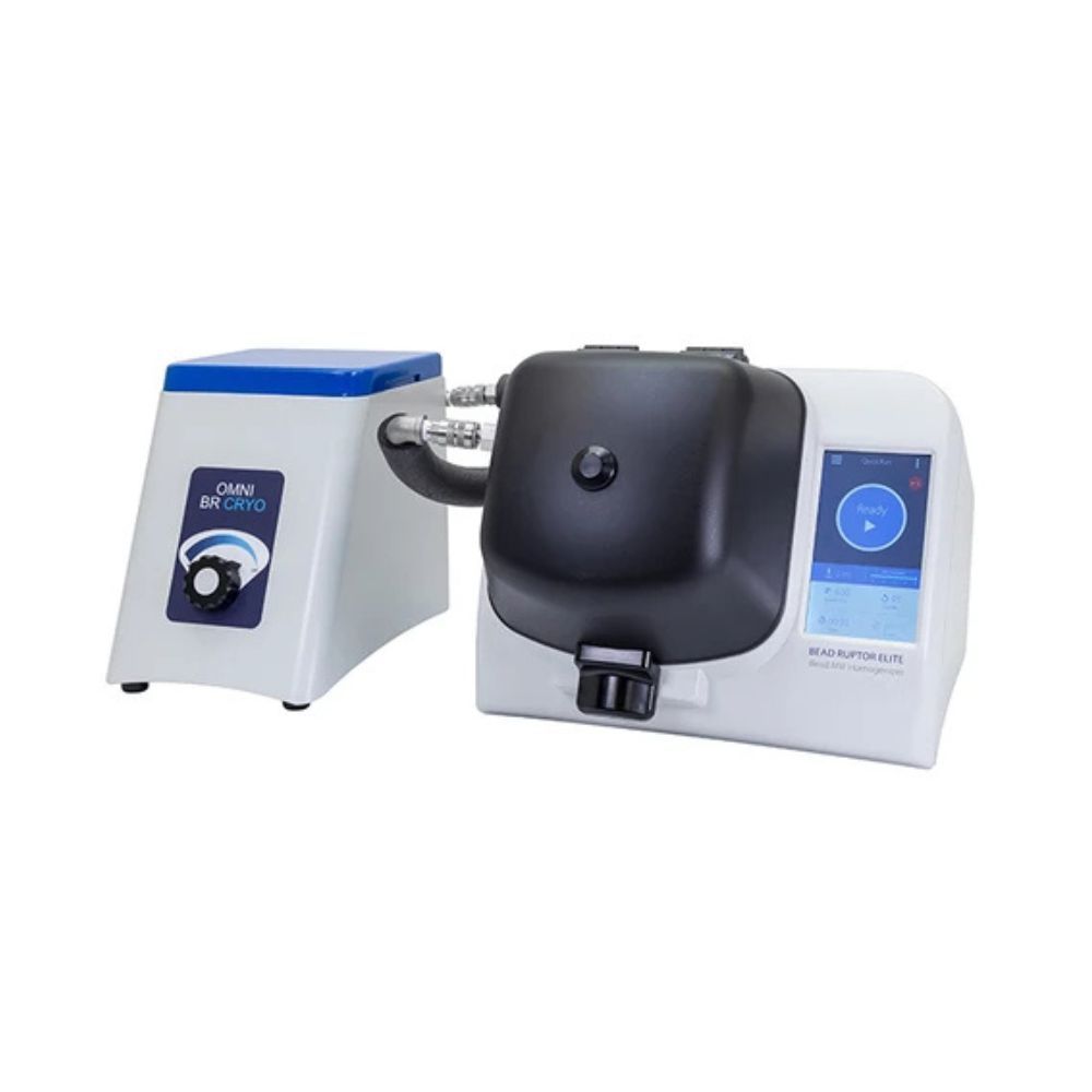 Omni BR Cryo unit connected to Bead Ruptor Elite with insulated tubing for cooled sample homogenization workflows.
