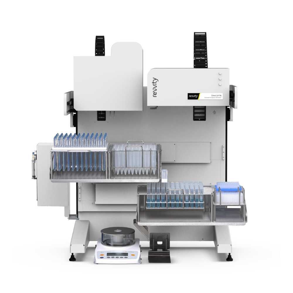 Front view of Omni LH 96 Automated Homogenizer Workstation loaded with lab tubes