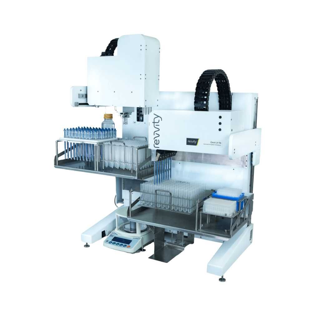 Angled view of Omni LH 96 Homogenizer Workstation showing robotic arm and lab tube racks