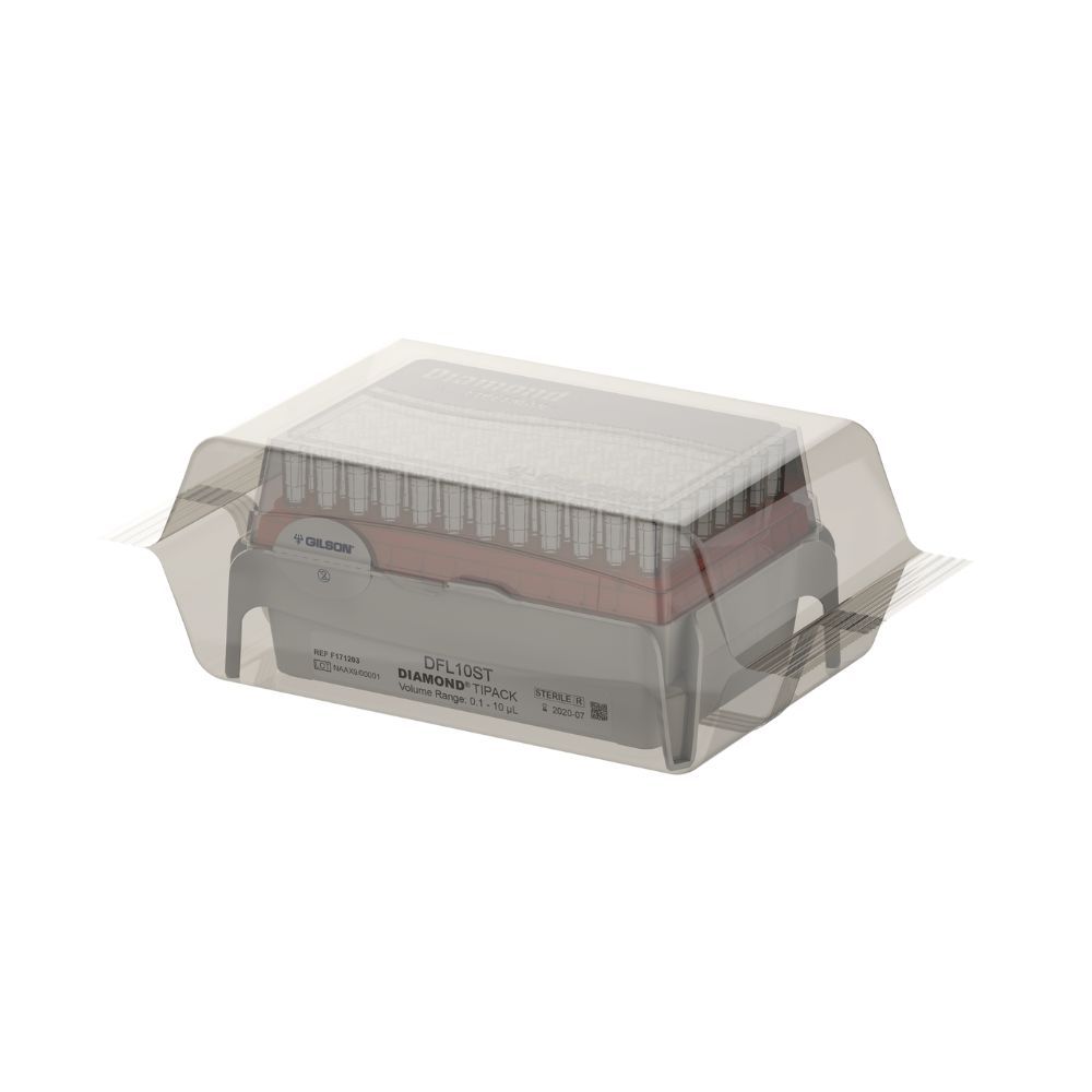 Pack of PIPETMAN® DIAMOND Tips DFL10ST Tipack containing 0.1-10 µL sterilized filter tips, designed for precise and contamination-free pipetting.