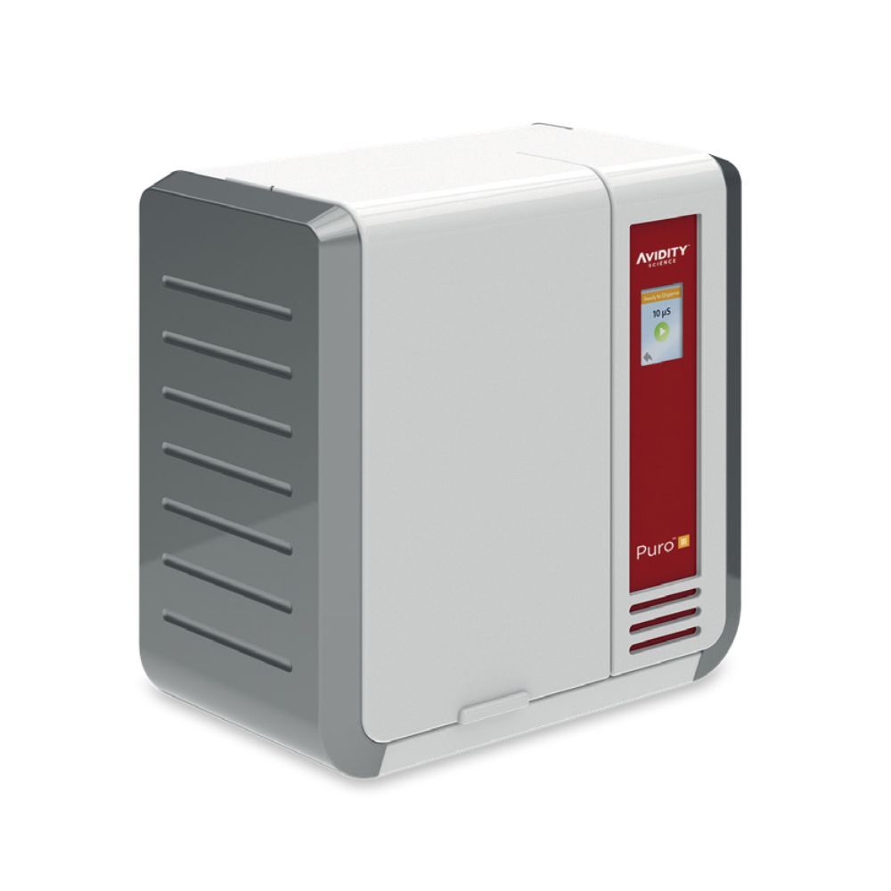 Avidity PURO™ III Type 3 Water Reverse Osmosis Water Purification System, showcasing its compact design. The unit has a sleek white and grey casing with a red accent panel that includes a digital display screen for monitoring the system's operation.