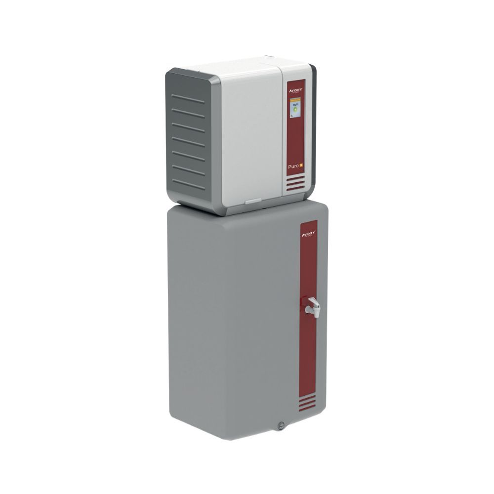 Avidity PURO™ III Type 3 Water Reverse Osmosis Water Purification System, a device used in laboratories to purify water. The system consists of a main purification unit mounted on top of a storage tank, featuring a control panel and dispensing tap.