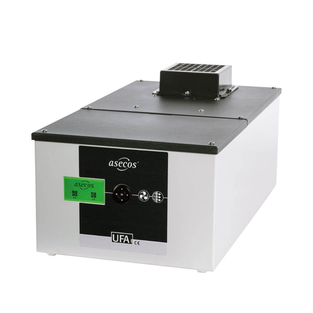 Angled view of UFA.025.030 recirculating air filter system with ventilation outlet.