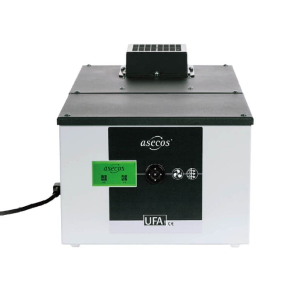 Front view of UFA.025.030 recirculating air filter system with control panel.
