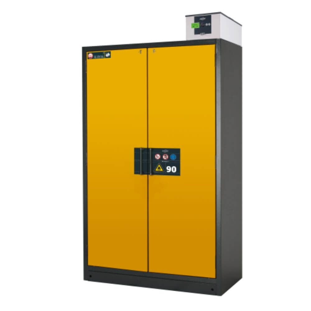 UFA.025.030 recirculating air filter system mounted on yellow safety storage cabinet.