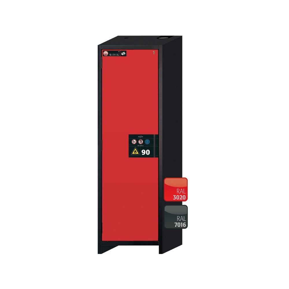 asecos Q-CLASSIC-90 safety storage cabinet front view in RAL 3020 red and RAL 7016 grey with 90-minute fire protection label