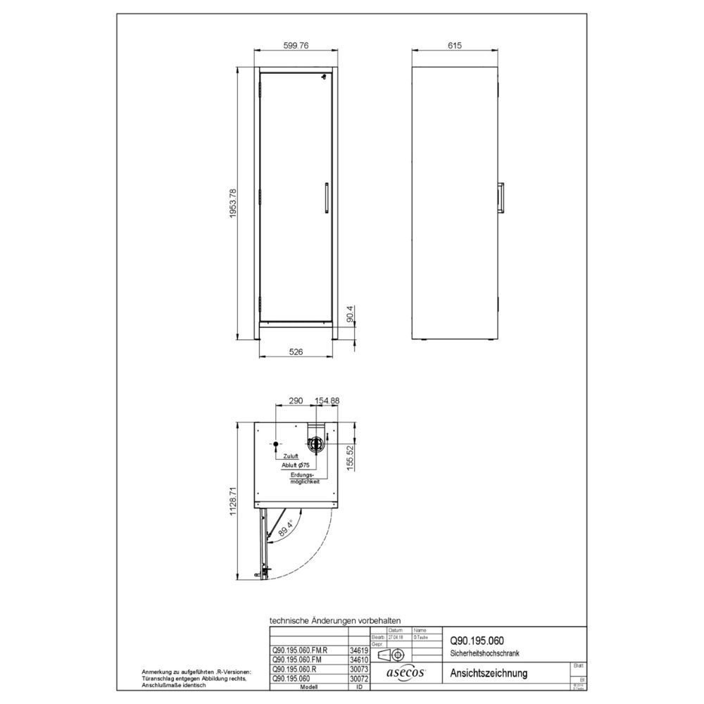Technical drawing of asecos Q-CLASSIC-90 safety storage cabinet Q90.195.060 showing dimensions and air duct layout