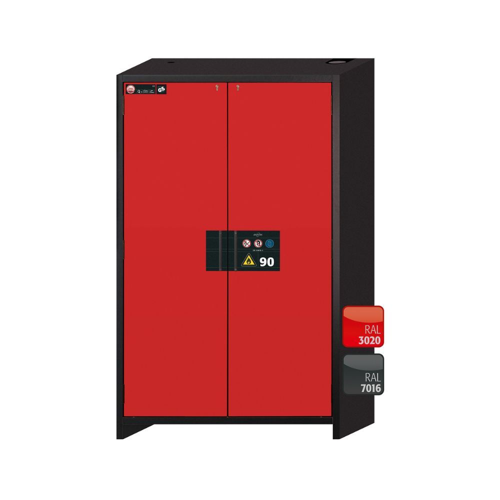 Front view of asecos Q-CLASSIC-90 safety storage cabinet model Q90.195.120 in RAL 3020 red and RAL 7016 grey with dual doors and 90-minute fire protection