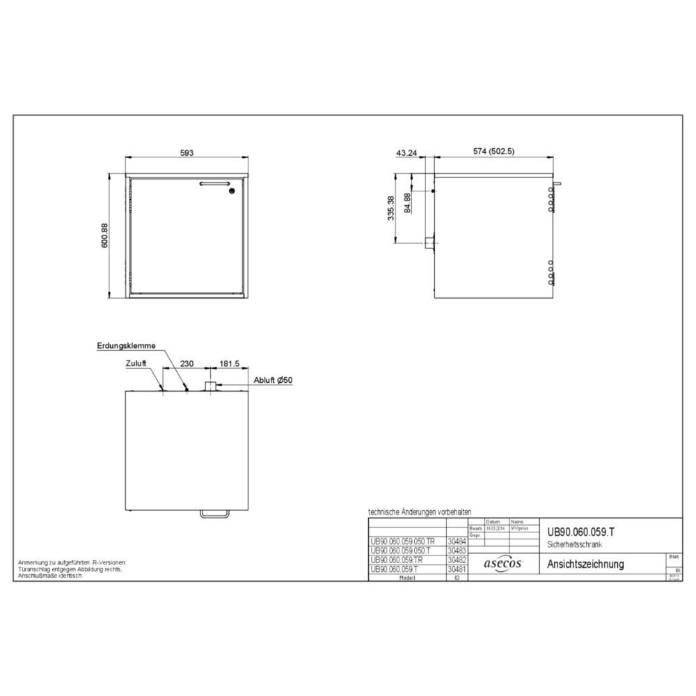 Technical drawing of asecos UB90.060.059.T Safety Storage Under-Bench Cabinet with dimensions, air duct ports, and top view layout