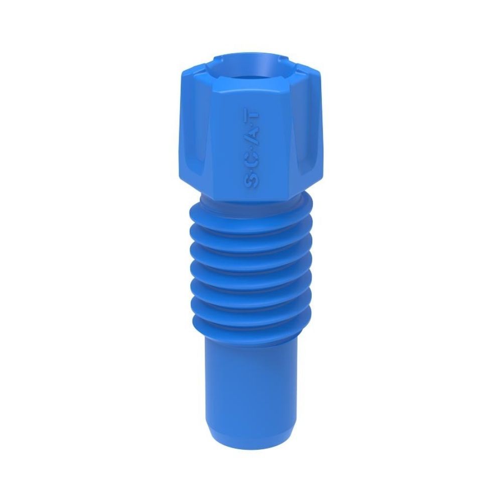 Set of five blue SCAT safety cap fittings for secure laboratory tubing and solvent container connections.
