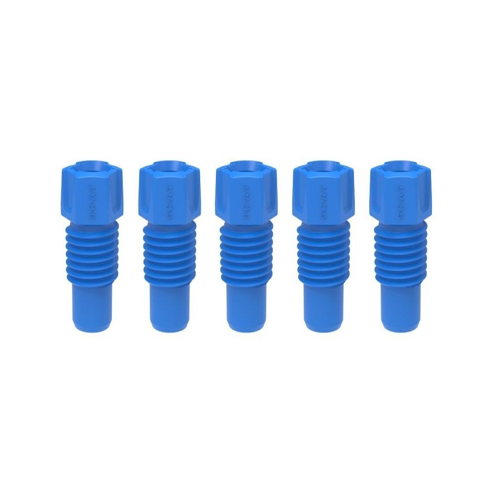 Close-up of a blue SCAT safety cap fitting connector designed for secure laboratory tubing connections.