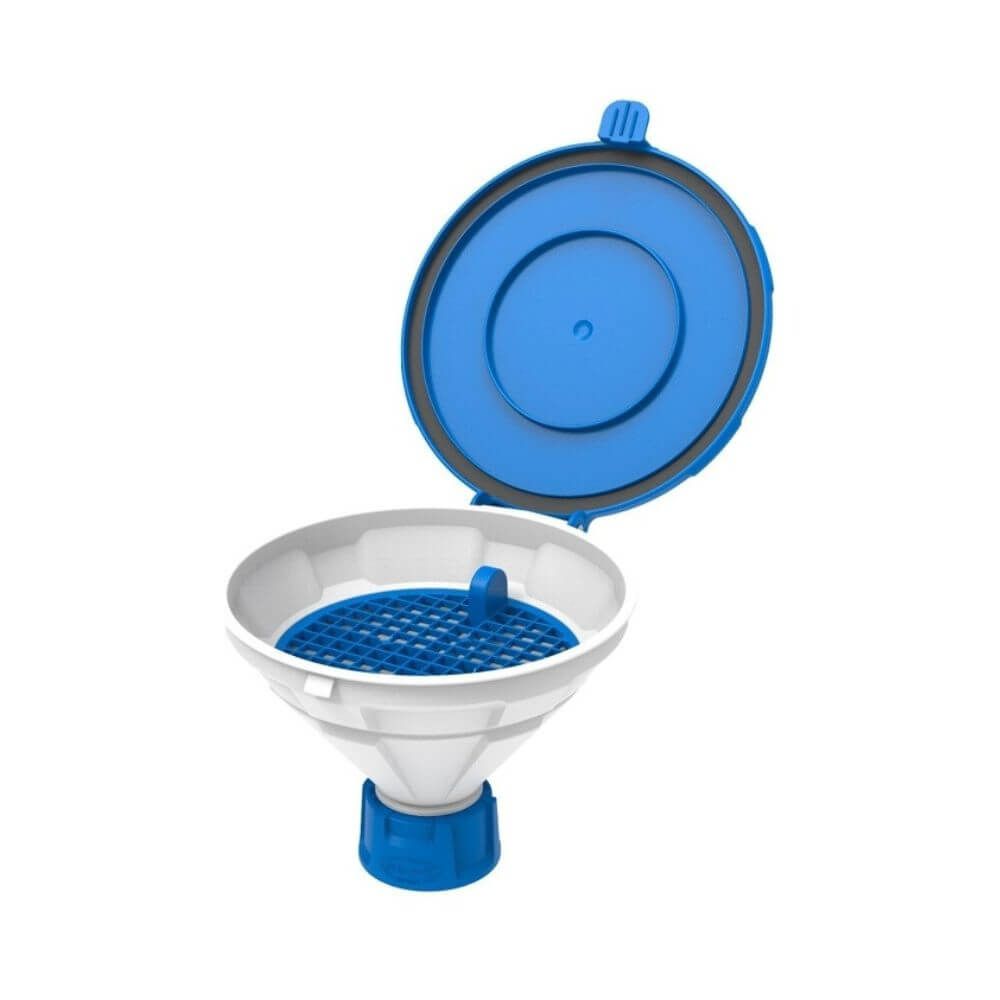 Close-up of SCAT Funnel with lid MARCO GL45 Type 2 featuring blue cover and grid insert.