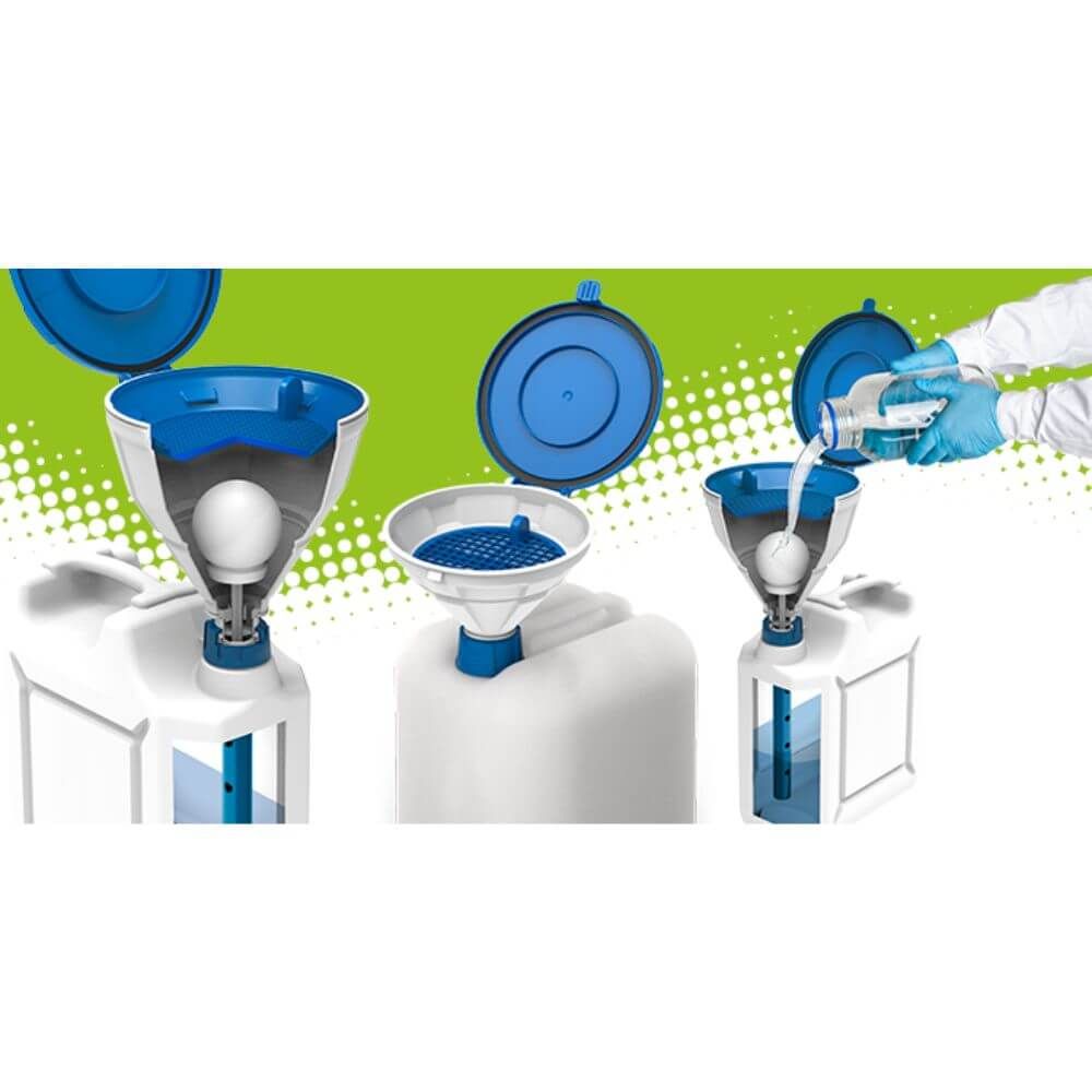 SCAT Funnel with lid MARCO GL45 Type 2 shown in use for safe laboratory liquid transfer into waste containers.