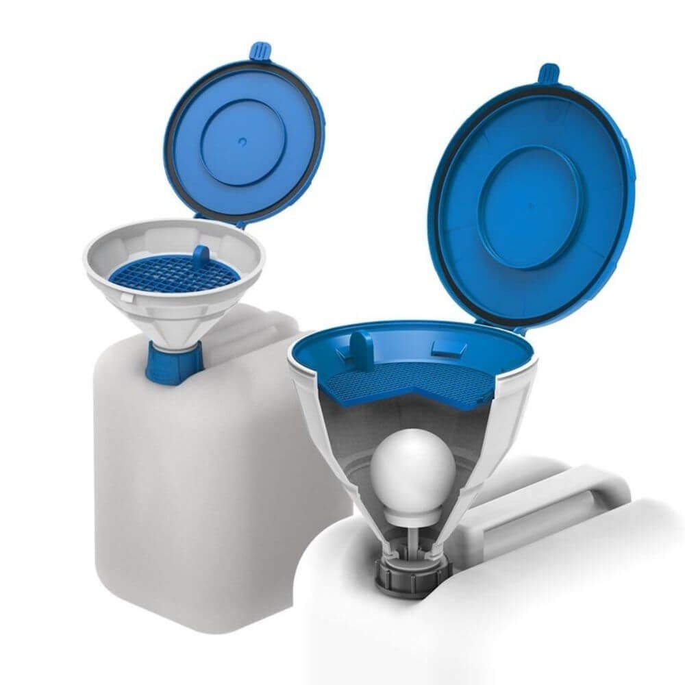 SCAT Funnel with lid MARCO GL45 Type 2 mounted on laboratory waste containers with open blue lids.