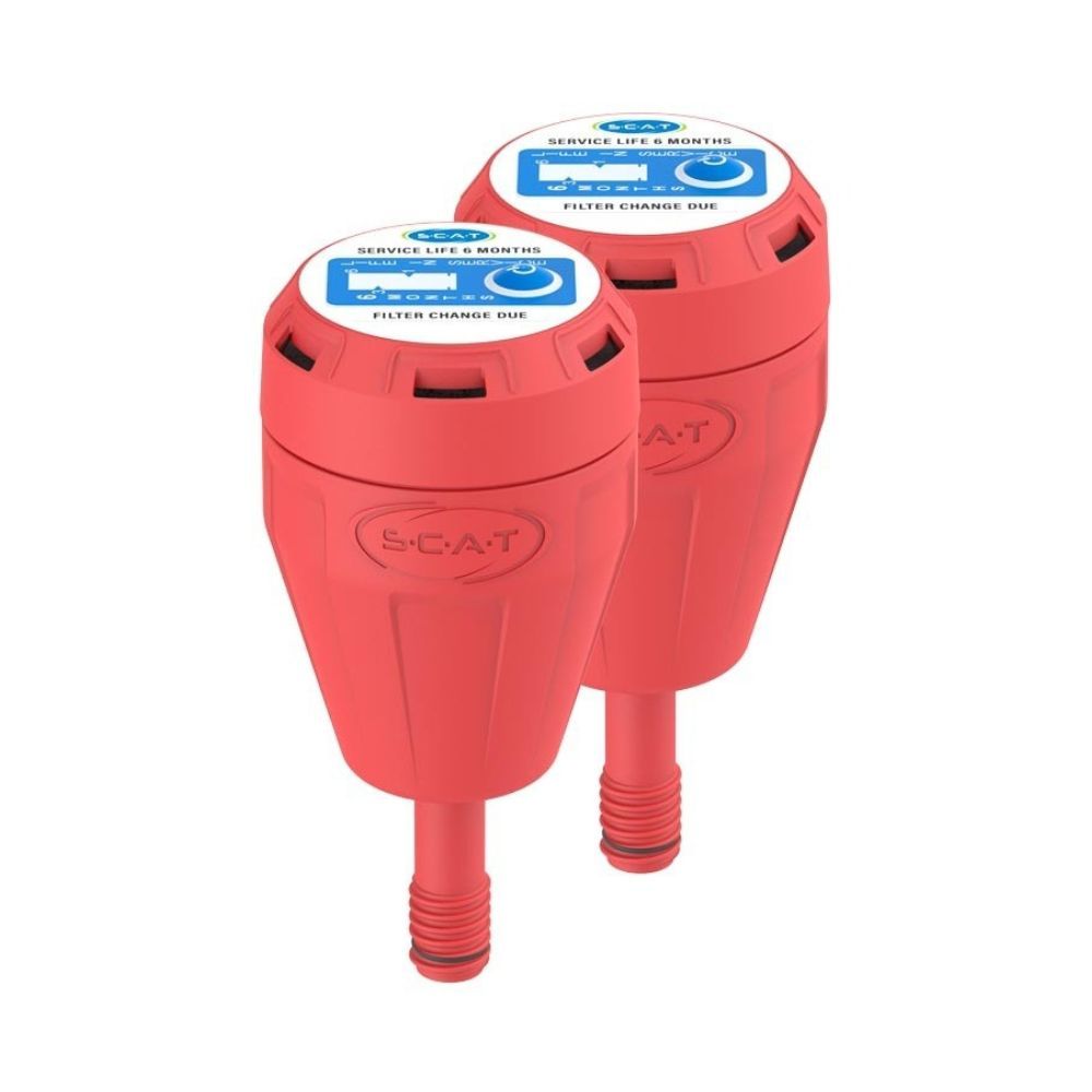 Two red SCAT laboratory safety filters with service life indicator for solvent waste containers.