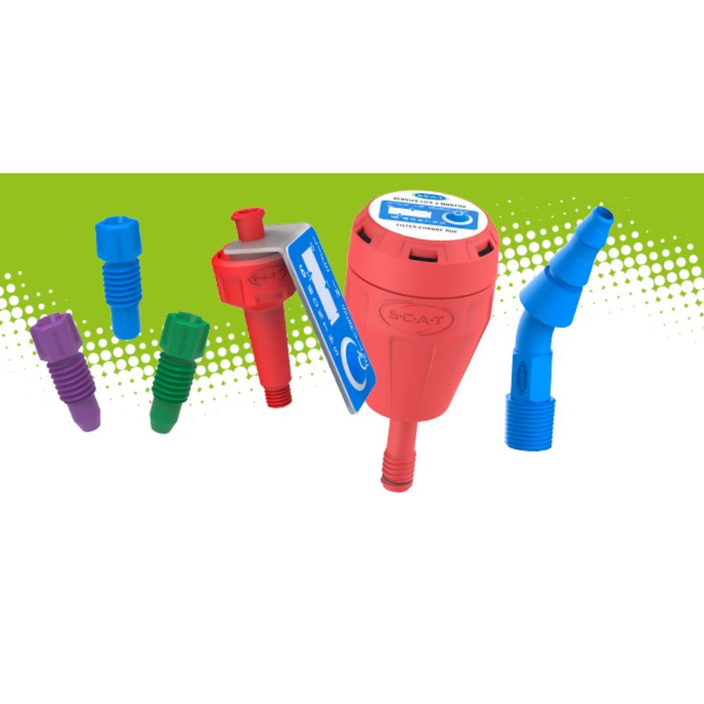 SCAT laboratory safety filters and adapters in red, blue, green, and purple for solvent waste systems.
