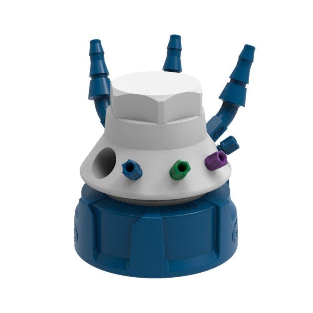 SCAT S60 safety cap with multiple ports and connectors for secure laboratory solvent waste containers.