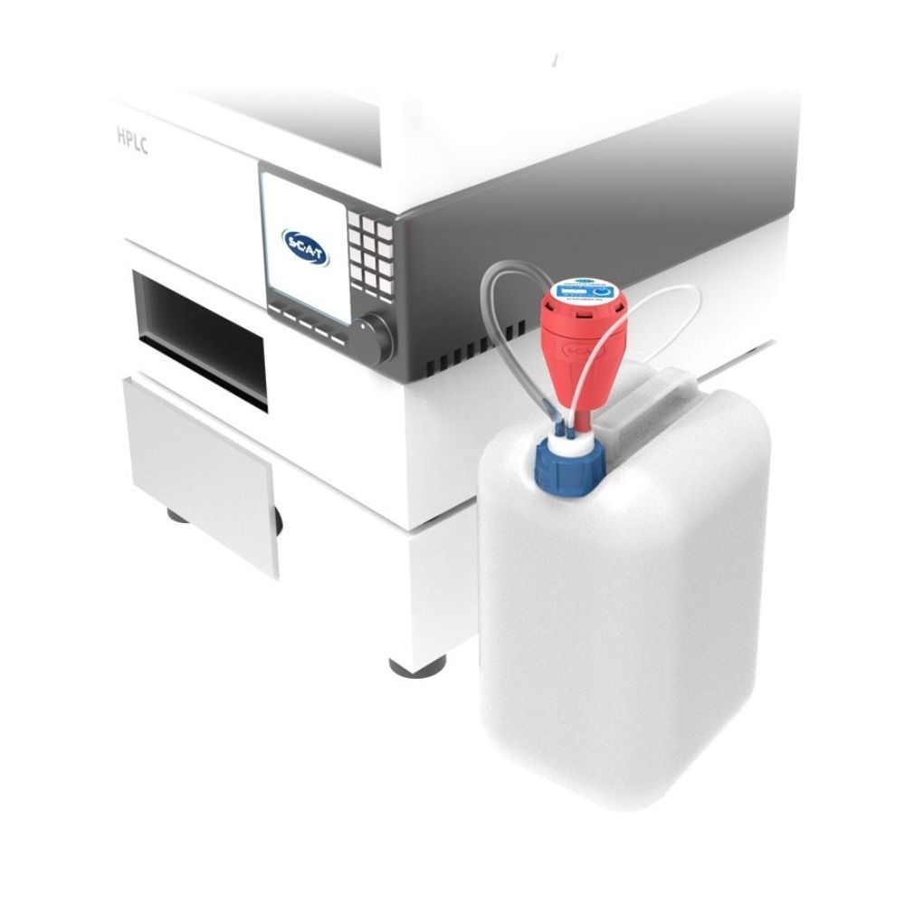 SCAT laboratory safety filter attached to HPLC solvent waste container for secure chemical disposal.
