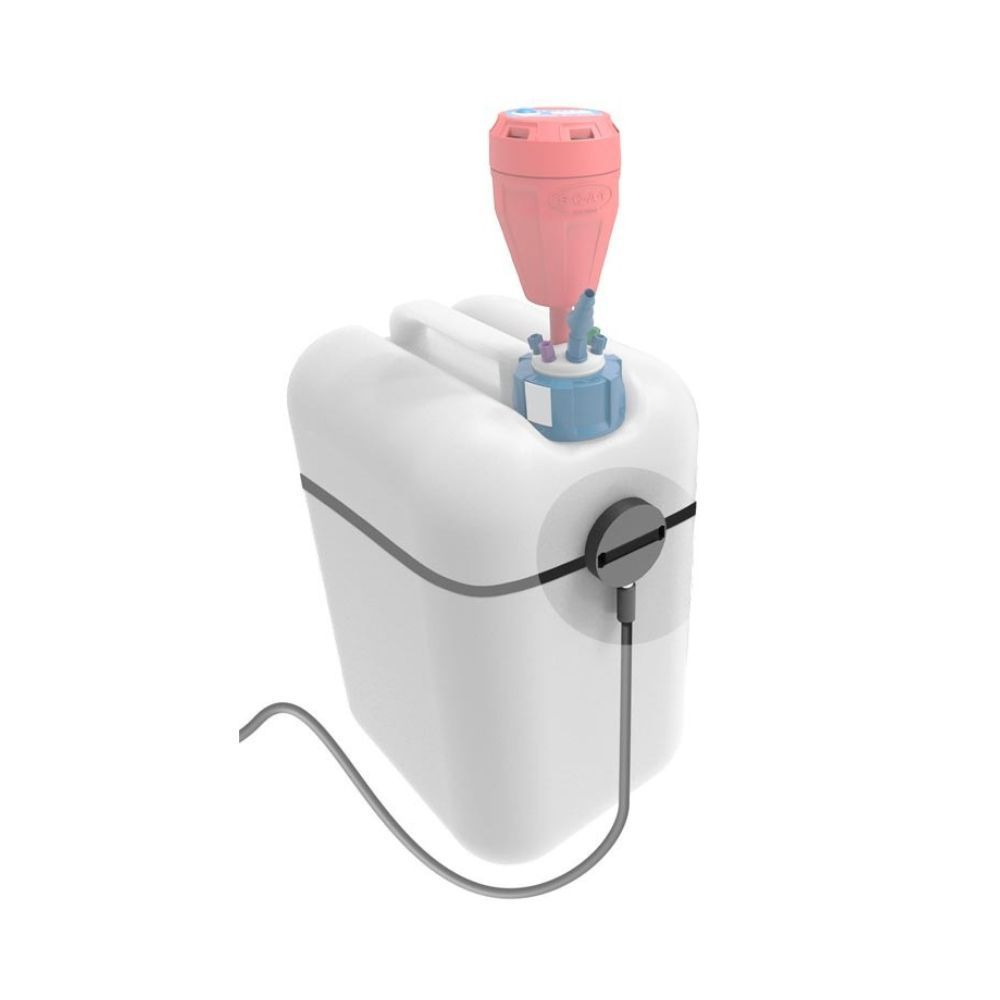 SCAT solvent waste container with red safety filter and external liquid level sensor connection.