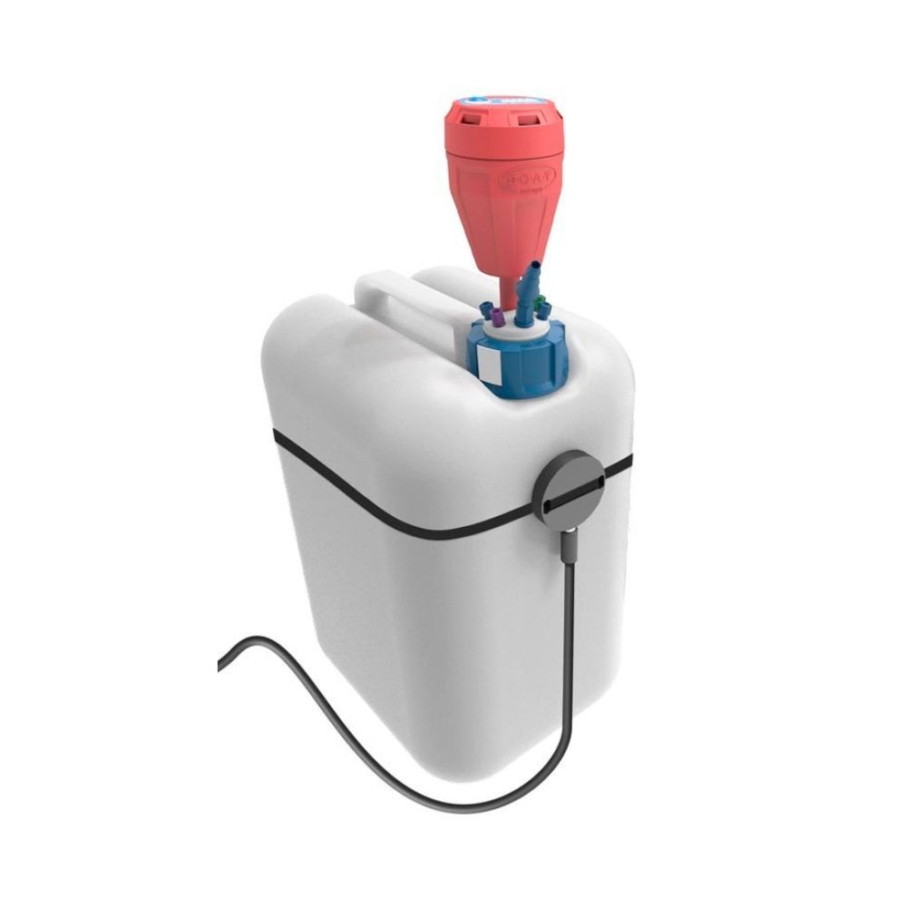 SCAT solvent waste container with red safety filter and electronic liquid level sensor attached.