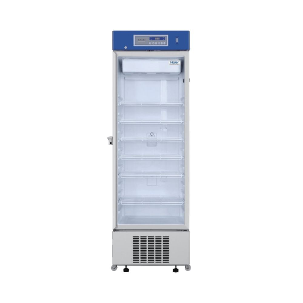 Pharmacy refrigerator HYC-410 with a single glass door, shelves, and a digital control panel at the top.