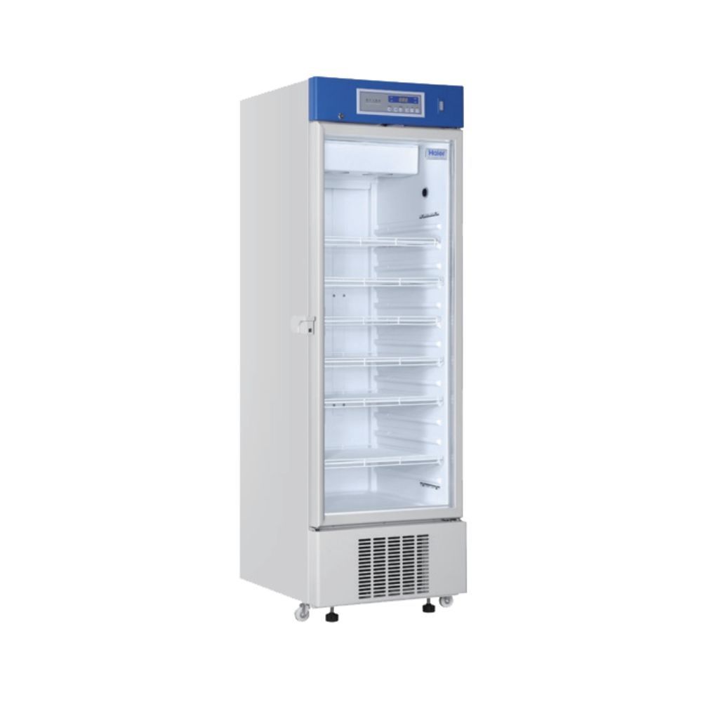 Angled view of a pharmacy refrigerator HYC-410 with a single glass door, showing the interior shelves and digital control panel.