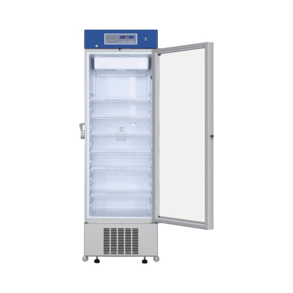 Pharmacy refrigerator HYC-410 with the glass door open, revealing the interior shelves and storage space.