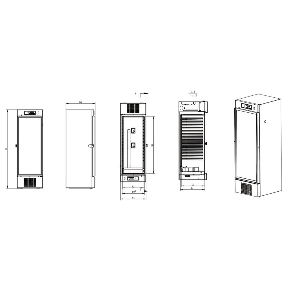 Technical diagram of a pharmacy refrigerator HYC-410, showing various views with dimensions and labelled measurements.