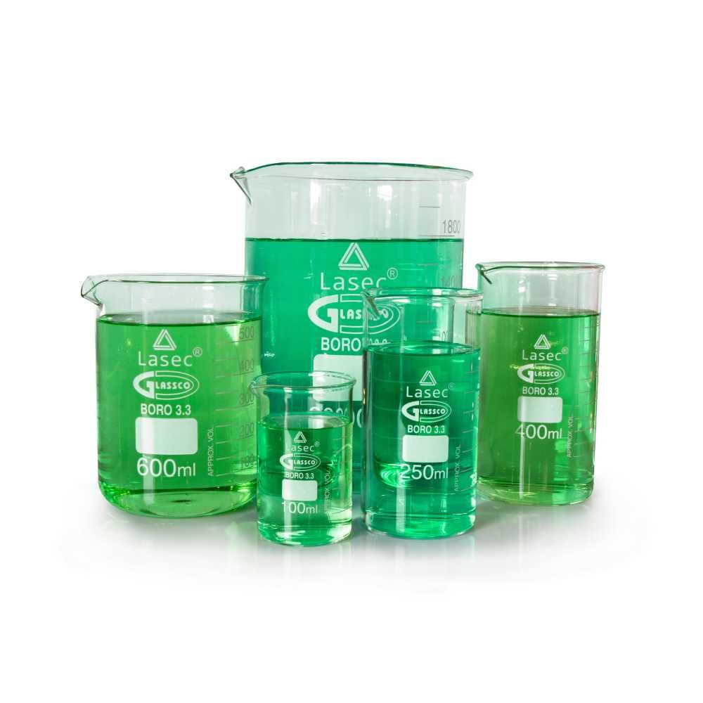 Set of tall-form borosilicate glass beakers with spouts, filled with green liquid, labeled 'Lasec Glassco,' various sizes. 