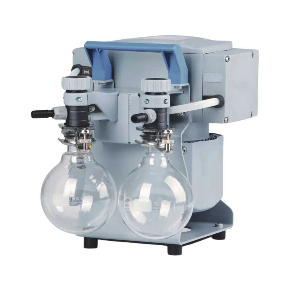 Compact vacuum pump system with two glass collection flasks, a blue carrying handle, and a durable gray housing for laboratory applications.