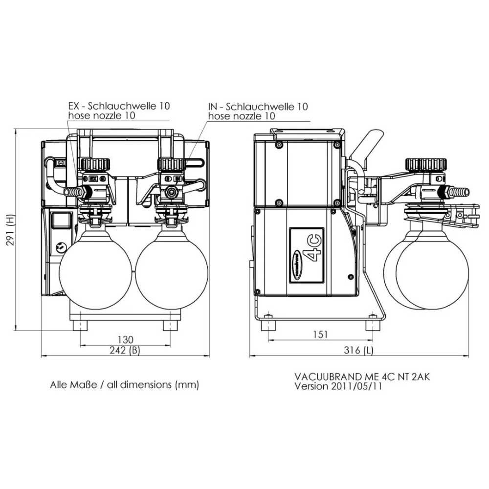 Technical schematic of a vacuum pump system, showing dimensions, labeled hose connections, and detailed structural components.