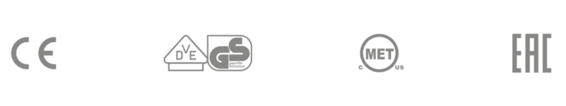 Certification logos including CE, GS, MET, and EAC for Memmert vacuum ovens, indicating compliance with safety and performance standards.