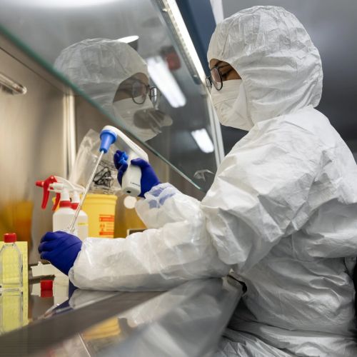 Researcher in full PPE working in biosafety cabinet with pipette
