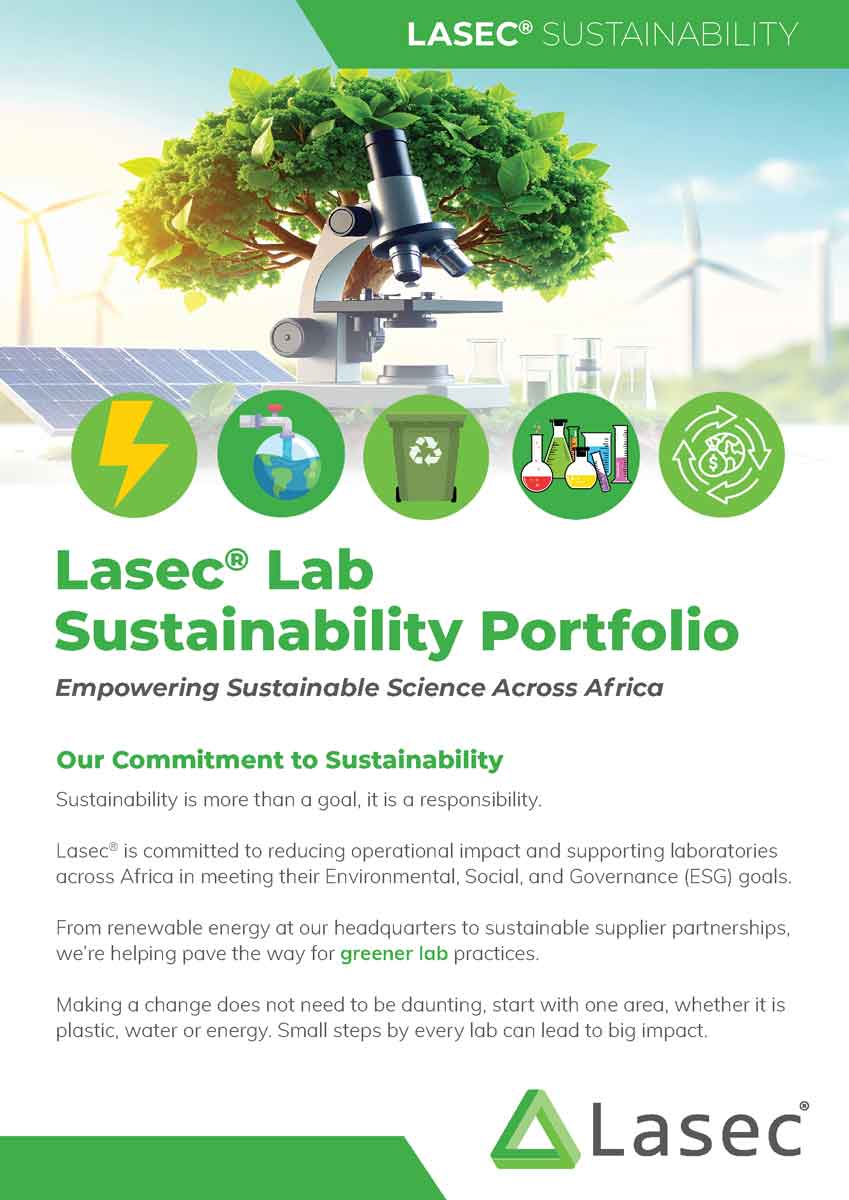 Cover page of Lasec Lab Sustainability Catalogue highlighting sustainable lab solutions across Africa