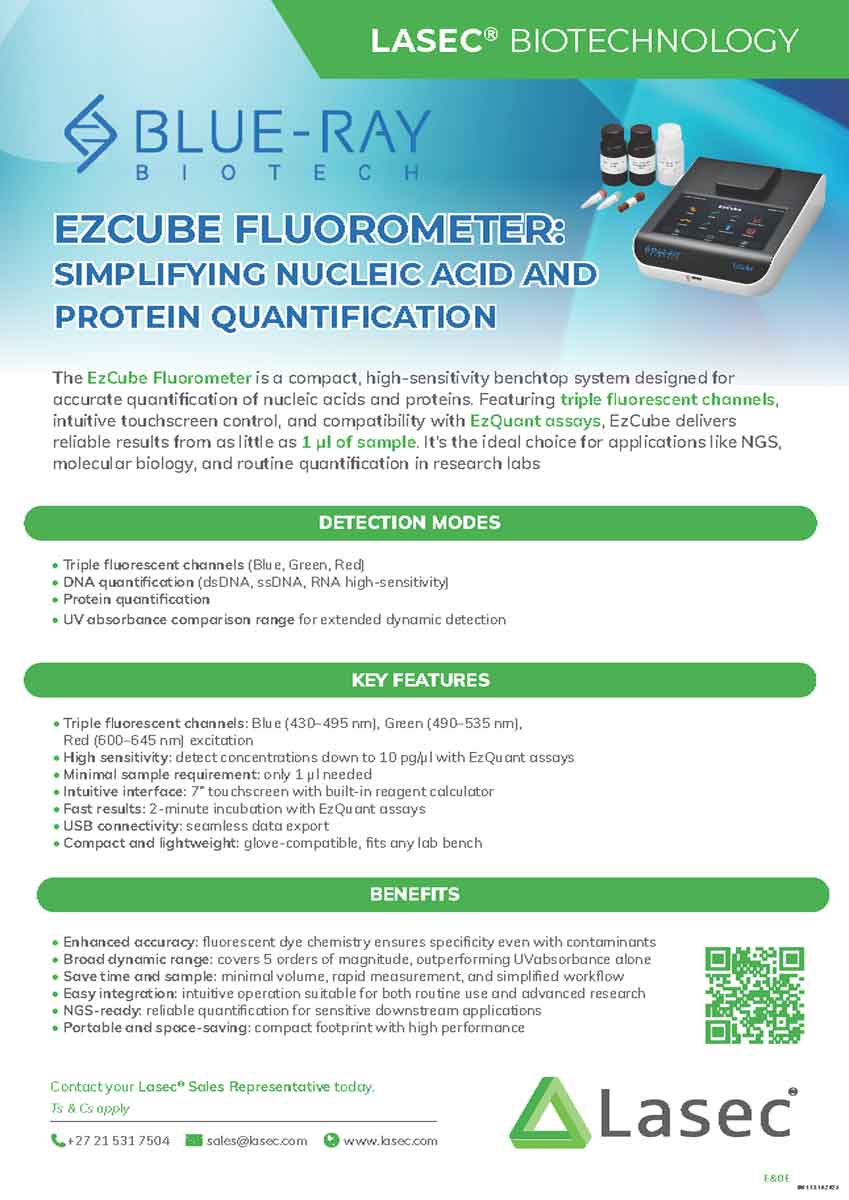 EzCube Fluorometer on a lab bench showing touchscreen interface and compact design for DNA and protein quantification