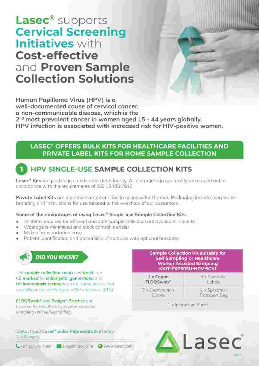 HPV screening flyer showing Lasec kits, swab and brush options, rapid test, purification kits and qPCR solutions
