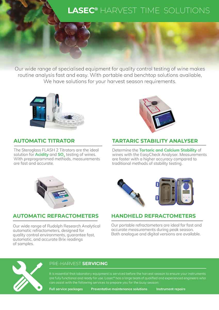 Flyer showing Lasec Harvest Time Solutions with wine testing instruments, refractometers, and laboratory consumables