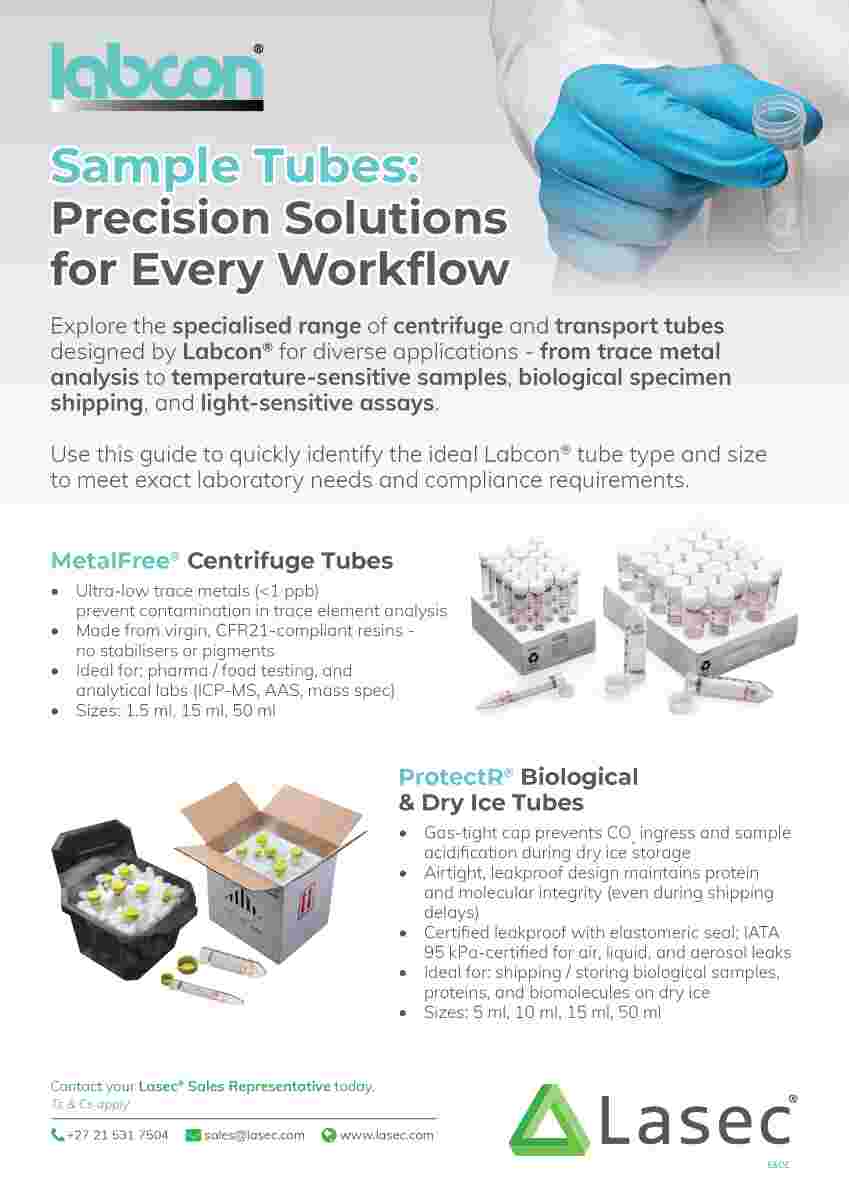 Cover page titled Sample Tubes, Labcon range summary with product bullets and LASEC contact details