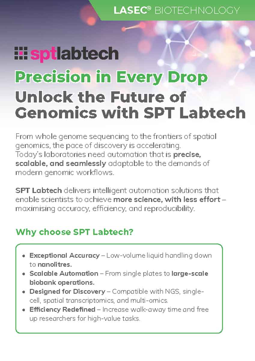 SPT Labtech Genomics automation flyer featuring mosquito, dragonfly, apricot, and firefly platforms