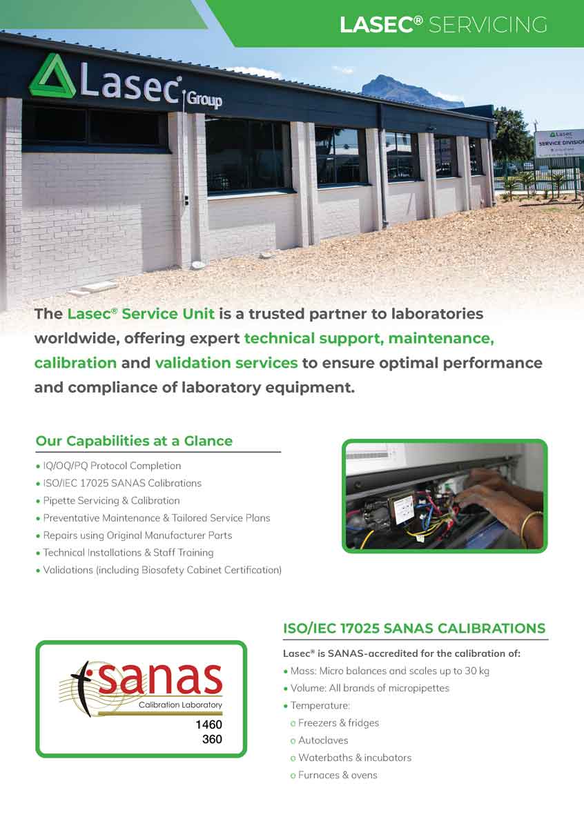 Lasec Service Unit flyer showcasing SANAS-accredited calibration, IQ/OQ/PQ protocols, and preventative maintenance